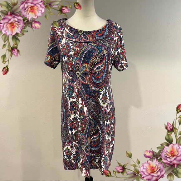 Colorful 100% cotton short sleeve Paisley Print mini Dress size large - Picture 1 of 12